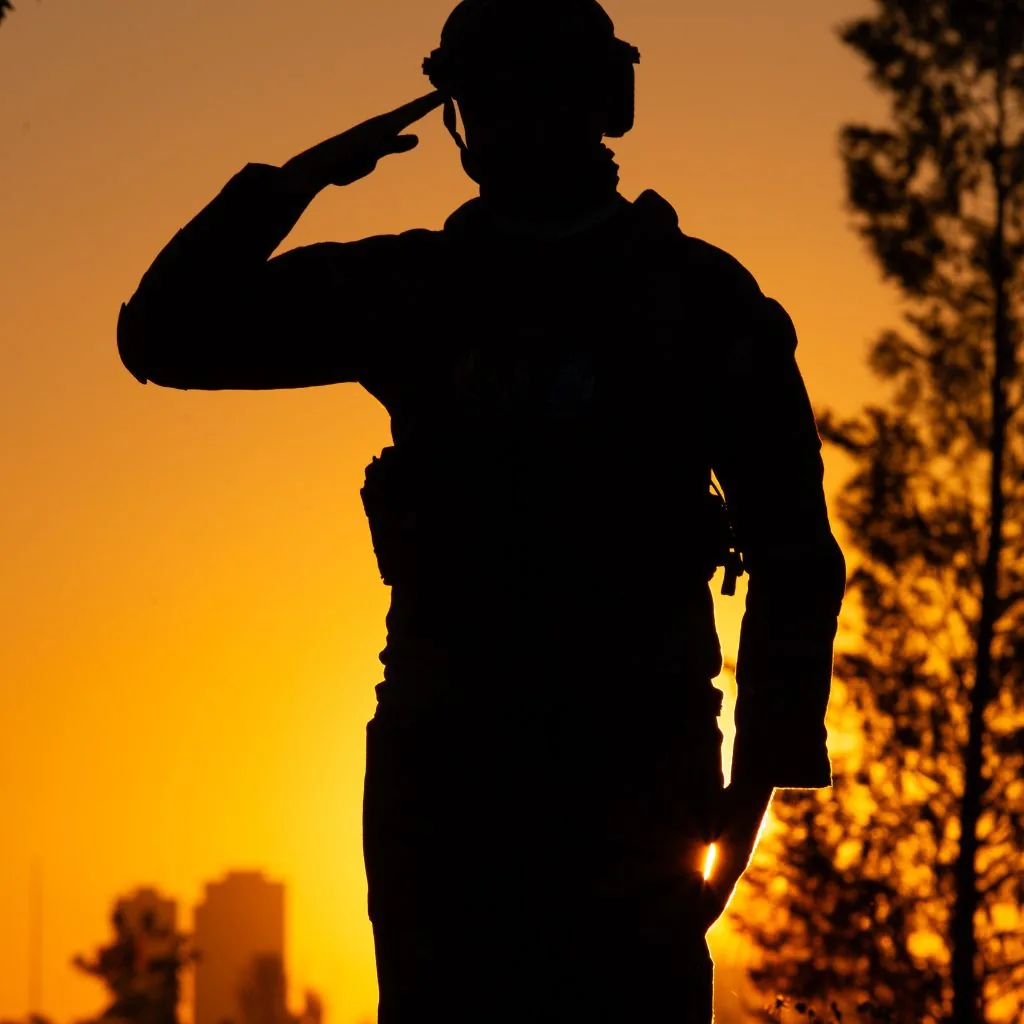 Silhouette of a saluting service member at sunset.