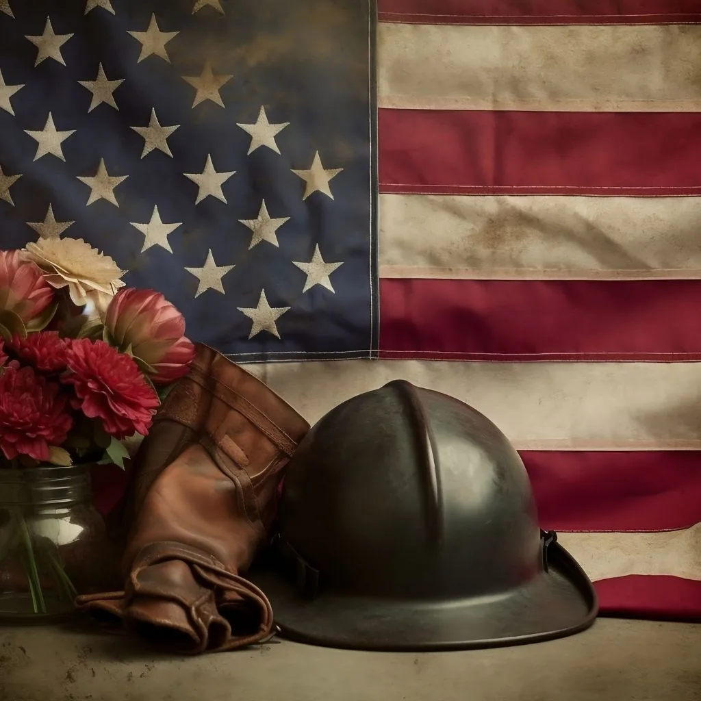 Military helmet and flowers honoring a deceased veteran.