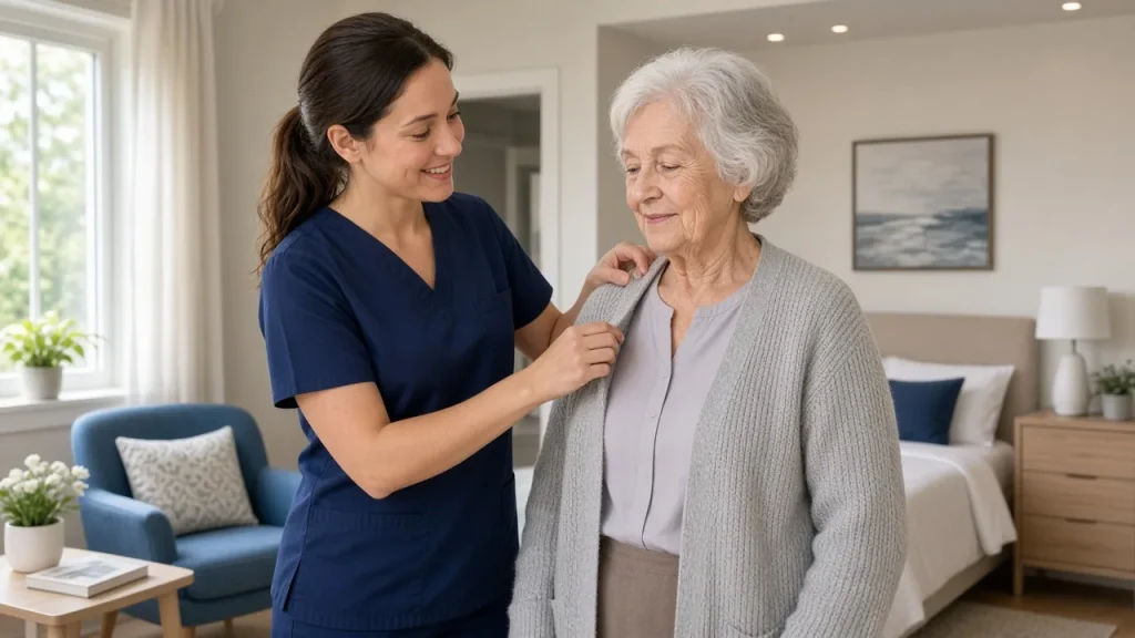 Caregiver helping an older woman with her cardigan in an assisted living suite