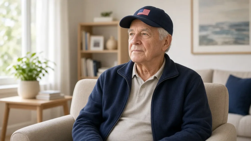 Older veteran in a navy cap seated in a bright senior apartment living room