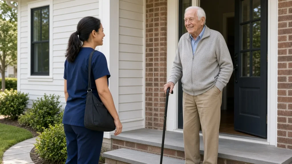 Home care aide greeting an older veteran with a cane at his front door