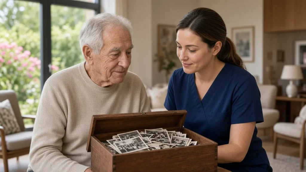 Caregiver and older man looking through a box of old photographs in memory care