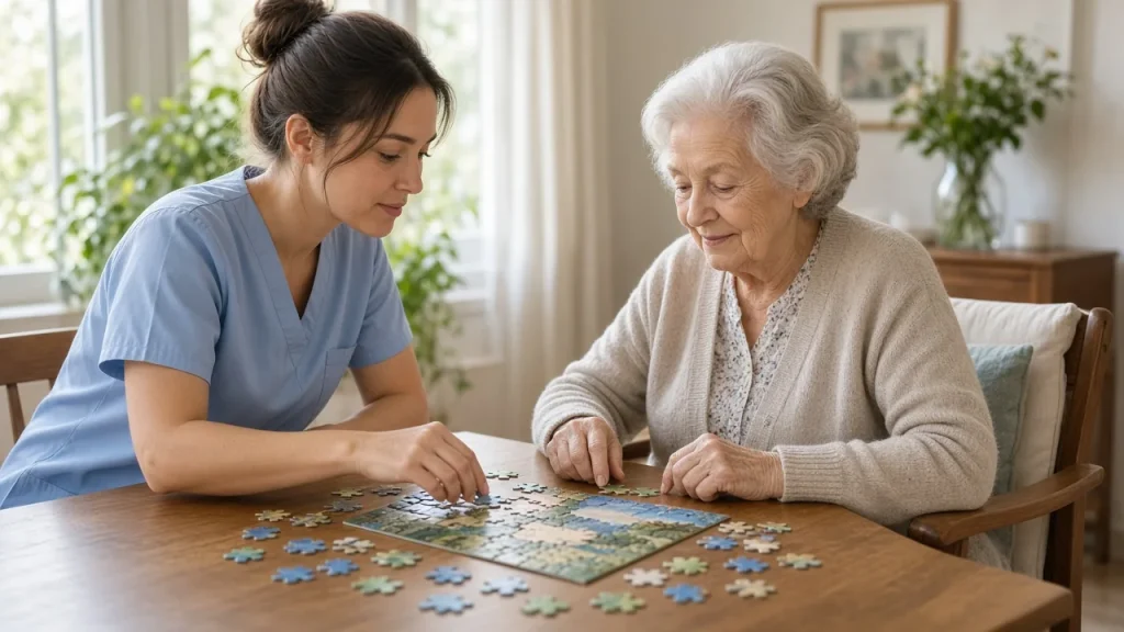 Home caregiver and older woman working on a jigsaw puzzle at the dining table