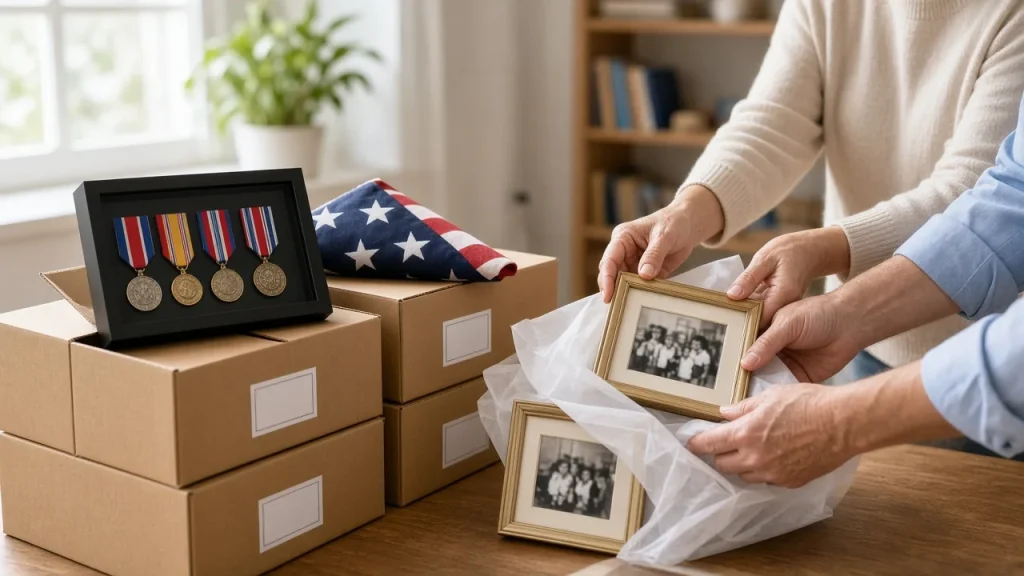 Moving boxes with a medal shadow box and folded flag while family packs photos