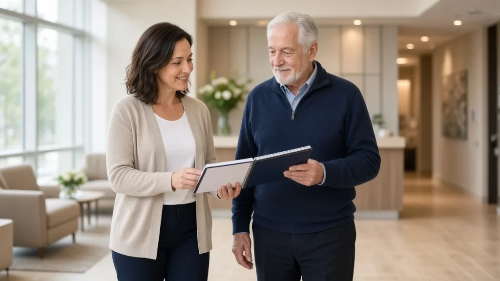 Daughter and senior father reviewing a checklist while touring a senior living lobby