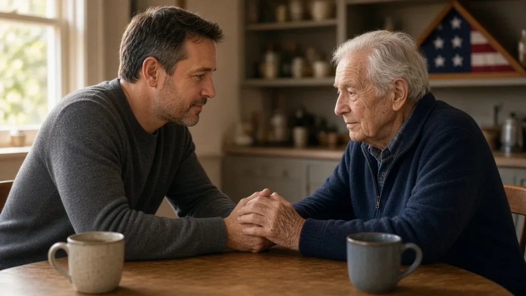 Adult son holding hands with his veteran father at a kitchen table